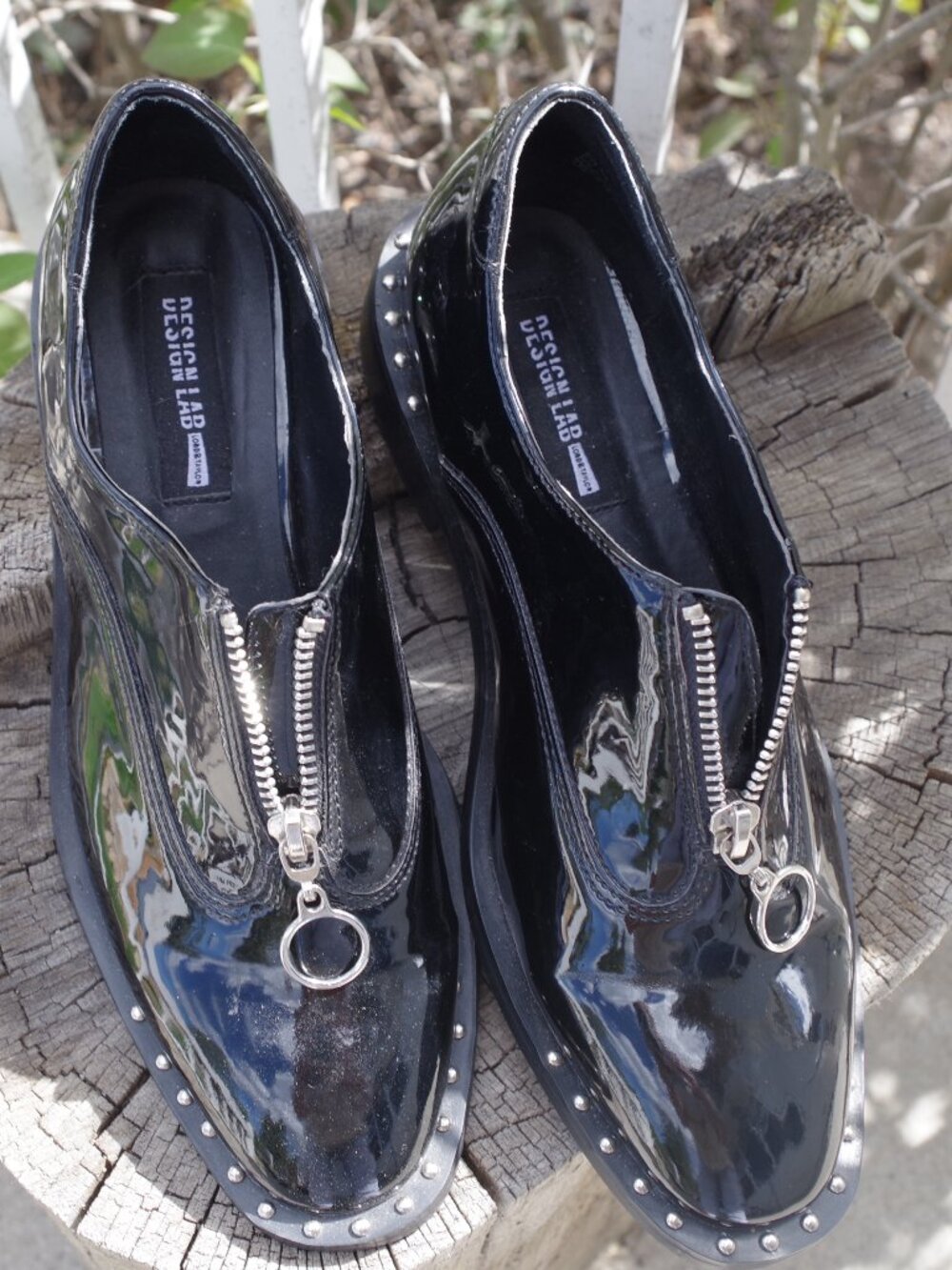 Ladies Patent Leather Zip Up Studded Black Shoes